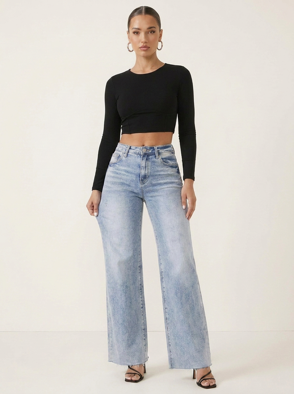 Novalia™ BBL Stretch Denim - High Rise Wide Leg Raw Hem Jeans