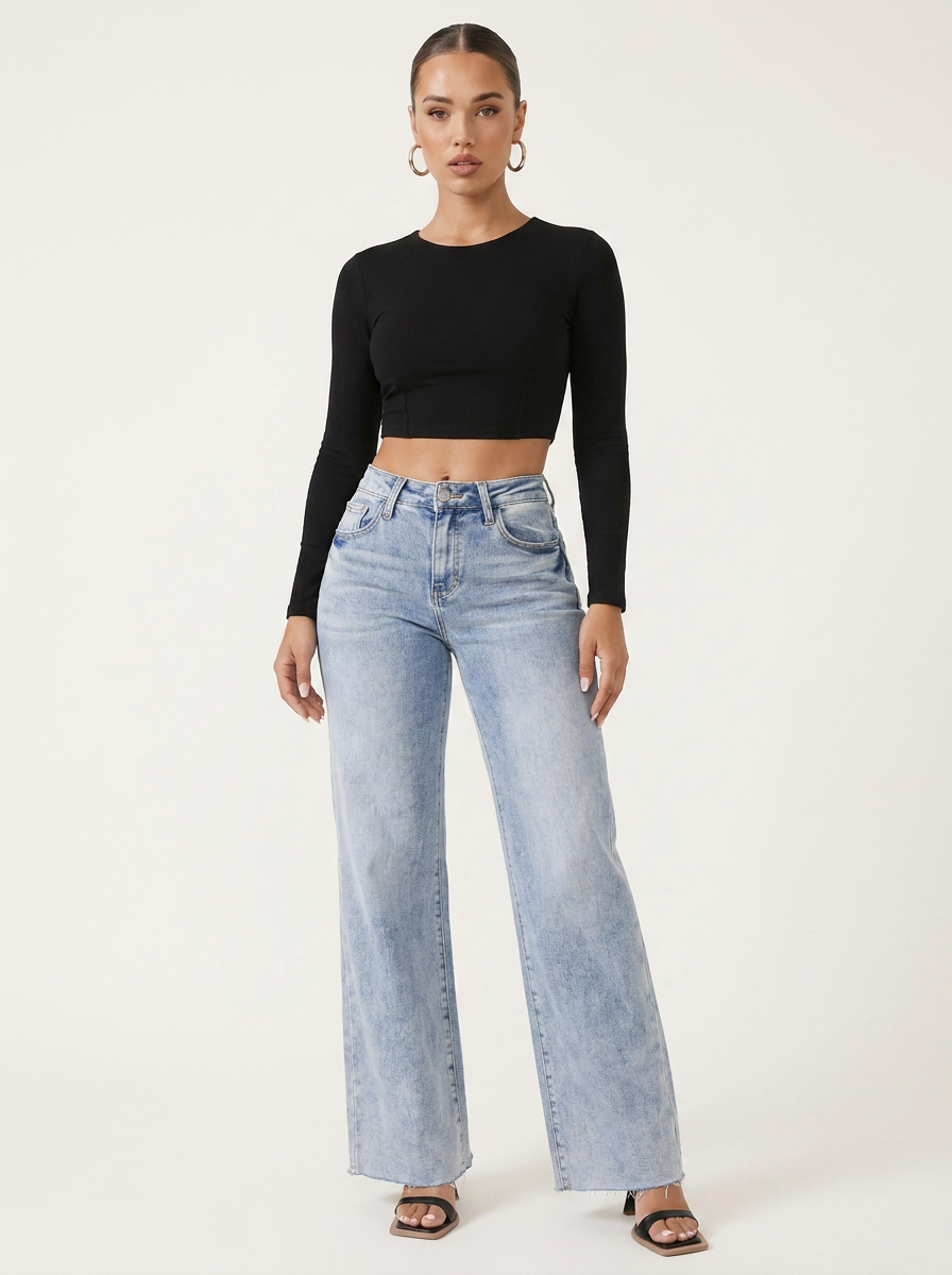 Novalia™ BBL Stretch Denim - High Rise Wide Leg Raw Hem Jeans
