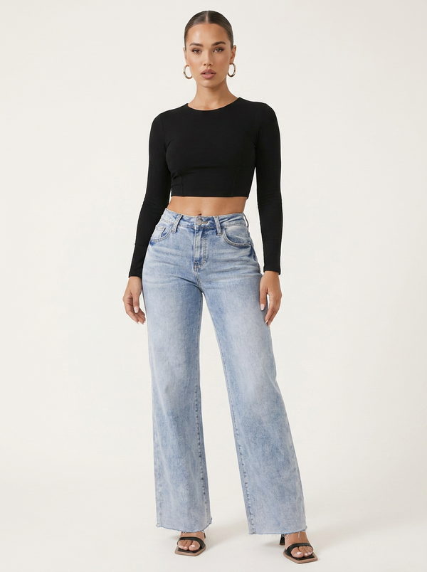 Novalia™ BBL Stretch Denim - High Rise Wide Leg Raw Hem Jeans